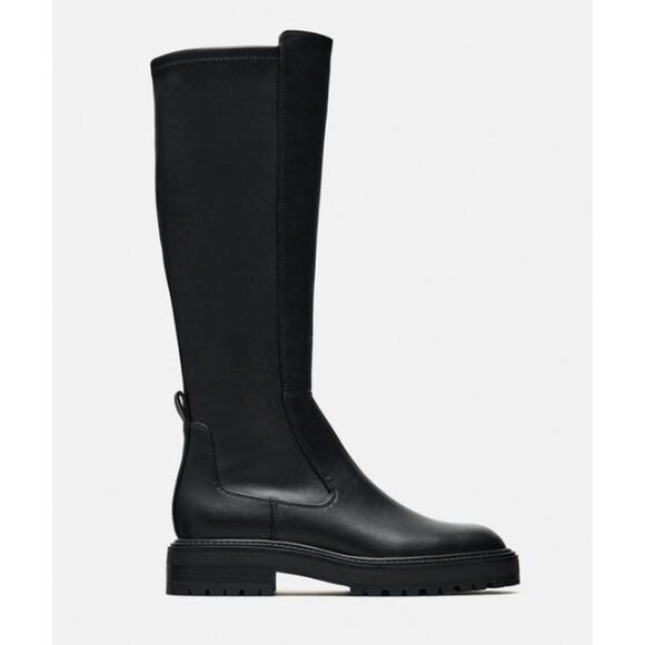 NWOT ZARA Treaded Knee High Boots Leather Chunky Lug Sole Flat Boot, Black - Picture 13 of 13